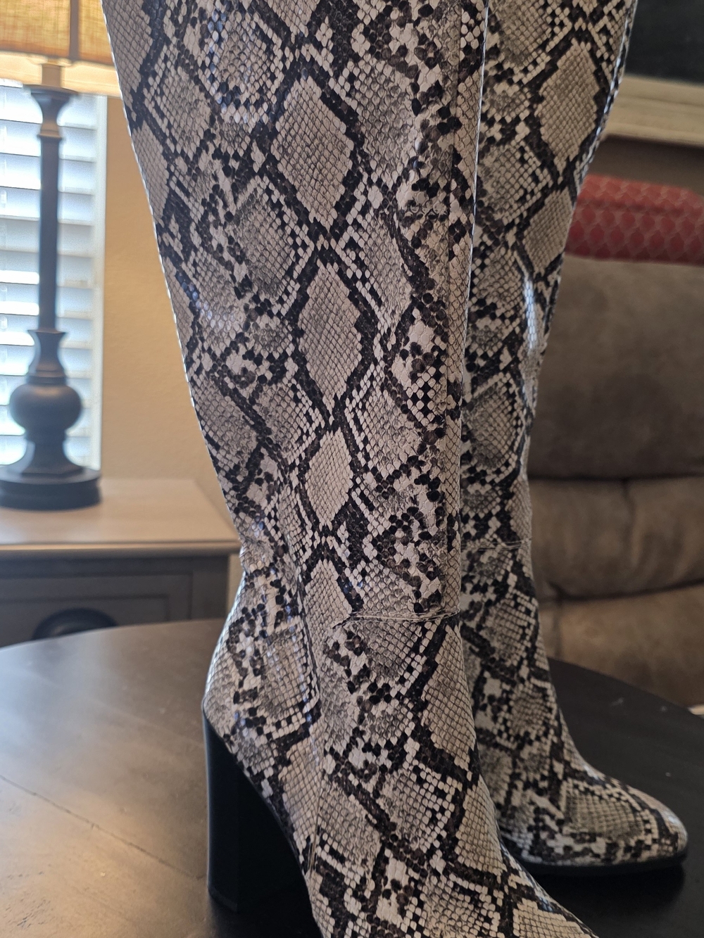 Kenneth Cole Black and Beige Snake-Print Knee Boots